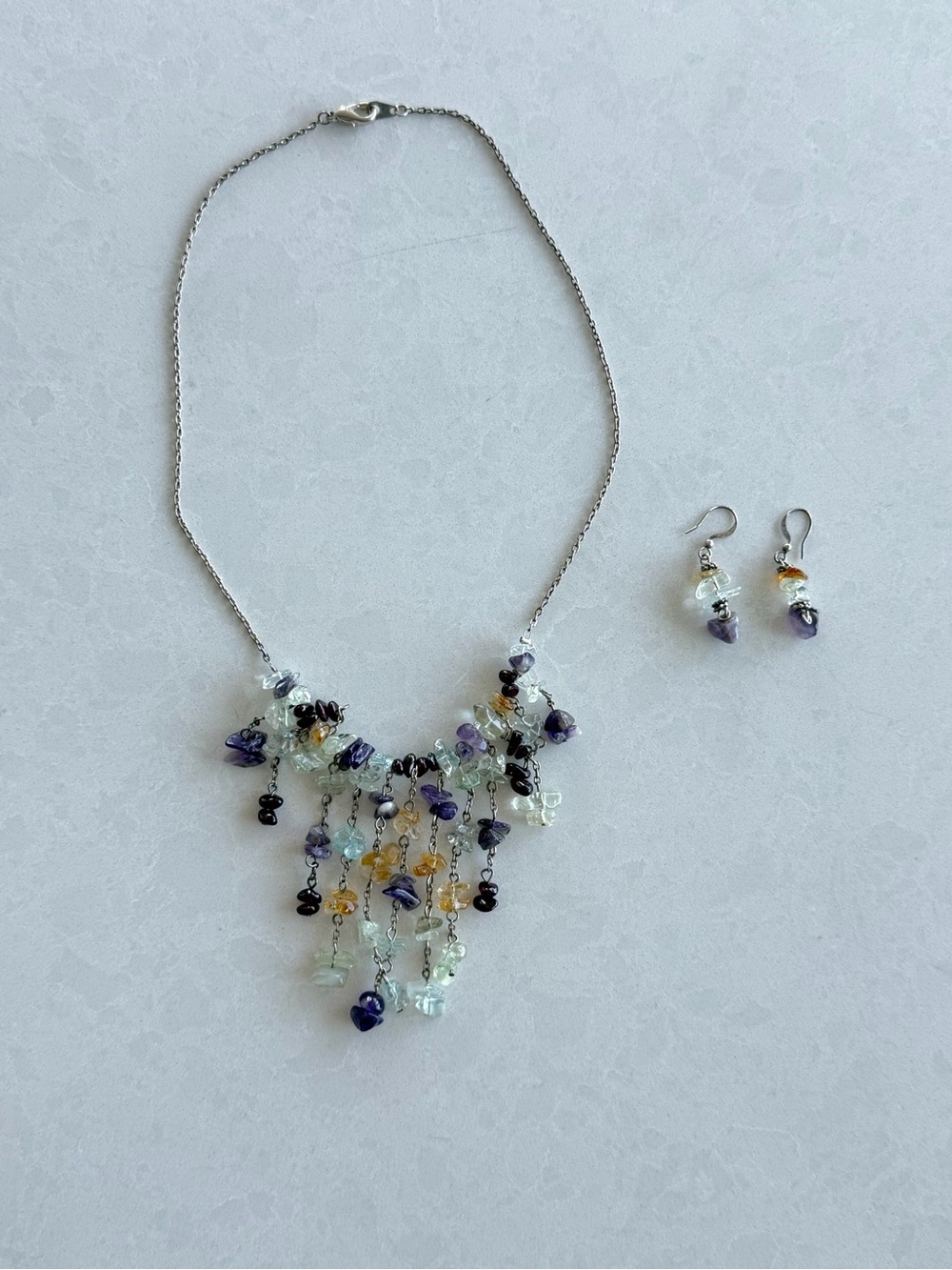 Waterfall Multi-Color Gemstone Necklace with Matching Earrings